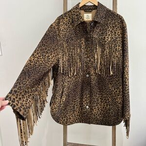 FREE PEOPLE We The Free Fringe Out Vegan Suede Animal Print Jacket Size Small